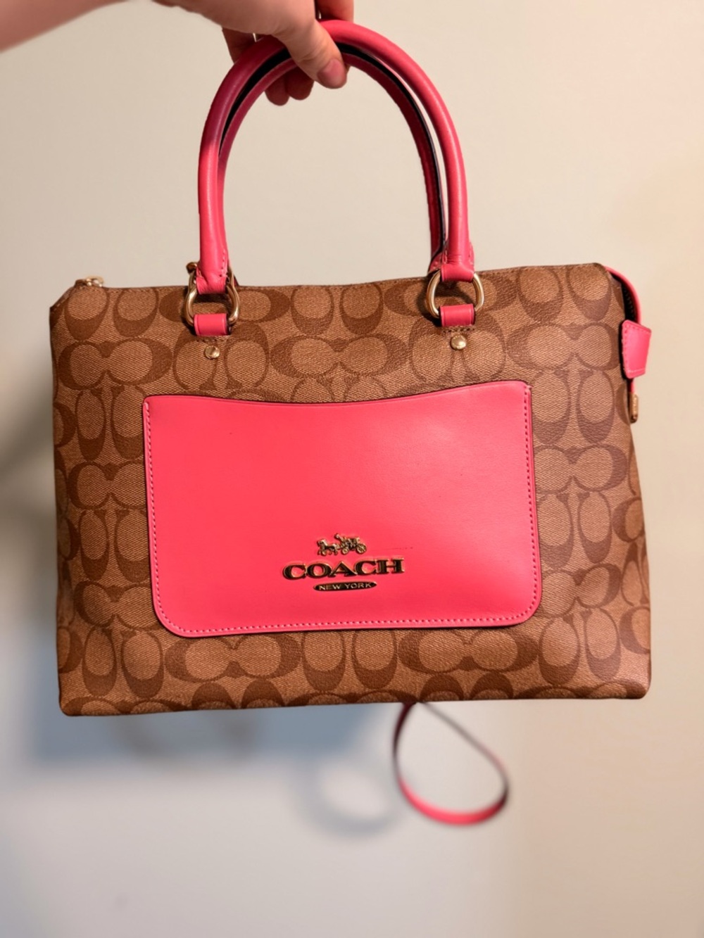 Coach Emma Satchel in Signature Canvas with Khaki and Pink Ruby Leather